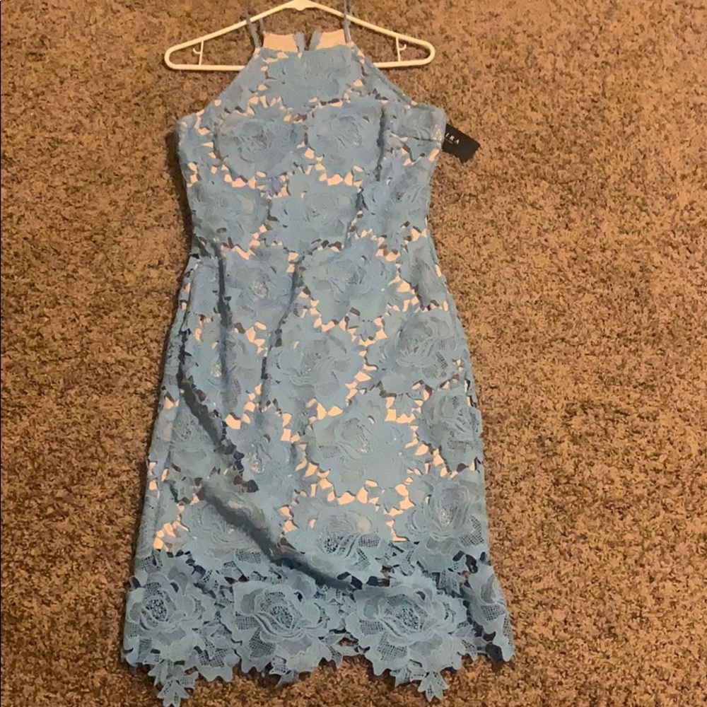 Tags on! Boutique baby blue lace midi dress